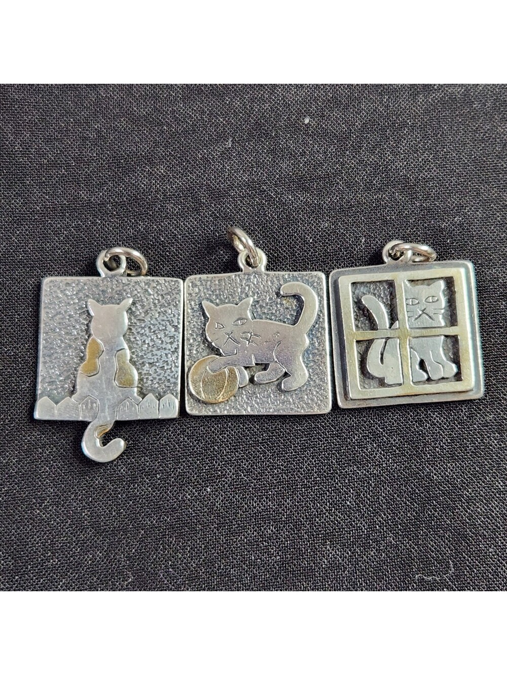 Set of 3 Vintage Silver Cat Charms with Gold Accents
